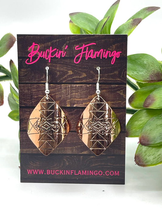 Copper Stamped “Rug” Dangle Earrings by Felicia Etsitty, Navajo