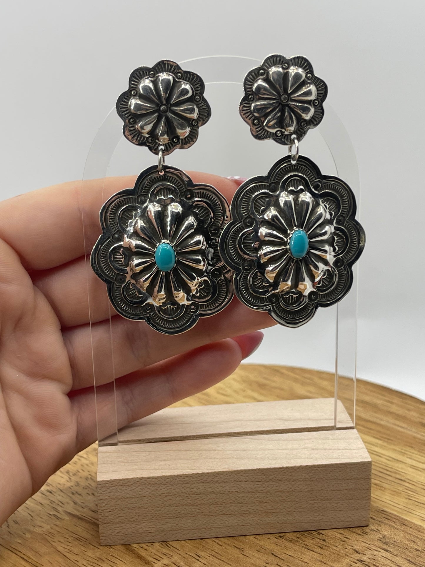Silver Double Concho Post Dangles With Turquoise by Genevieve Blackgoat, Navajo