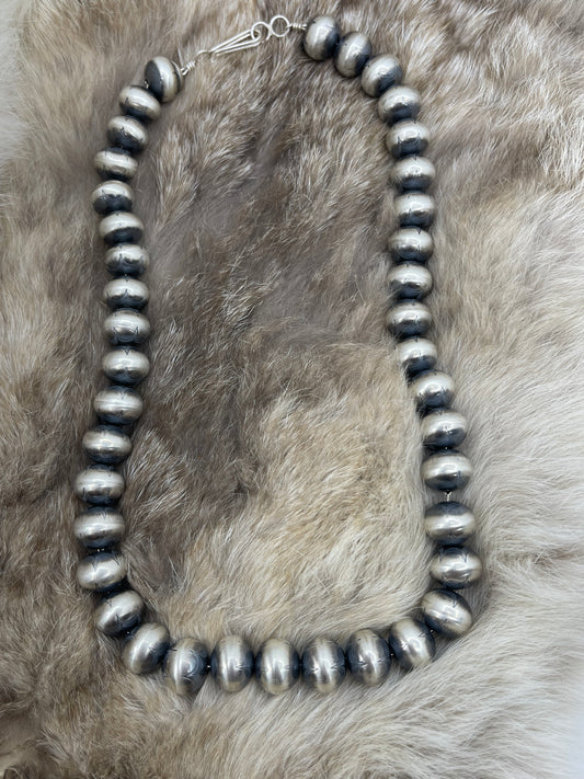 18" 12mm Stamped Handmade Navajo Pearls by Bryannen Halwood, Navajo