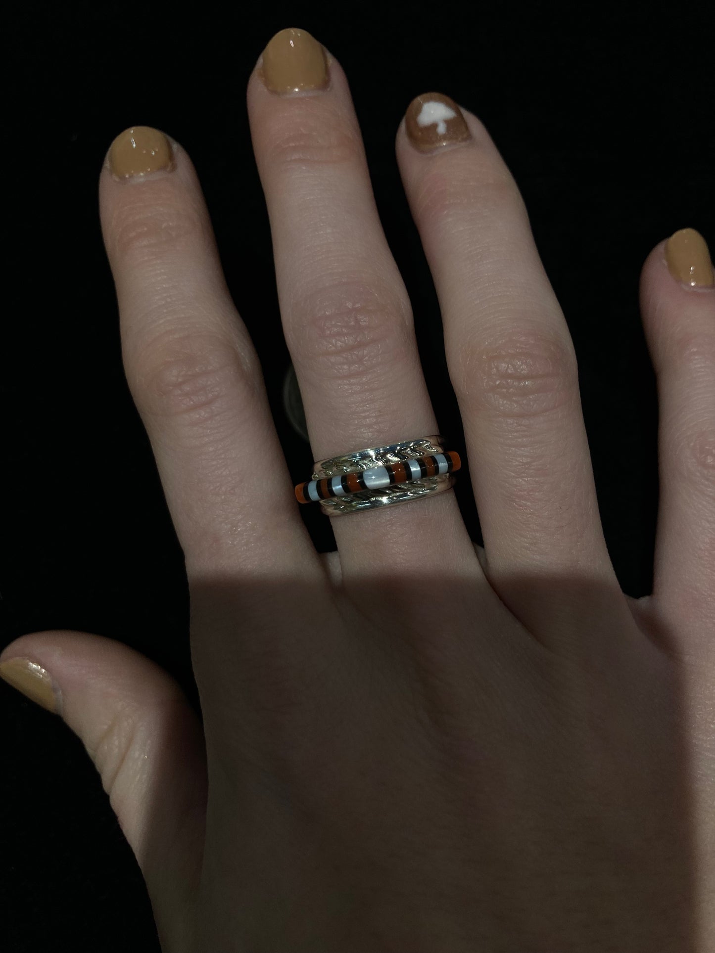 6.0 Coral, Black Onyx, and Pearl Ring by Victor Martza, Zuni