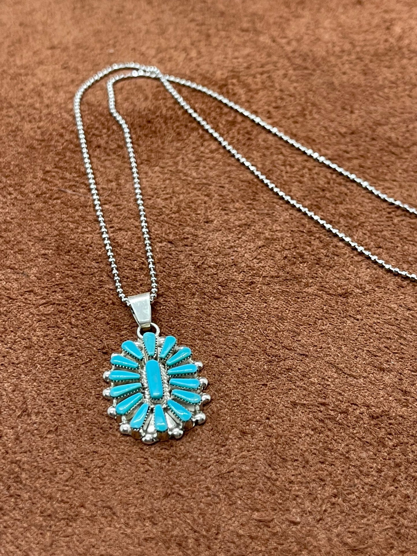 18"+3" Turquoise Needlepoint Cluster Pendant Necklace by Vera Halusewa, Zuni