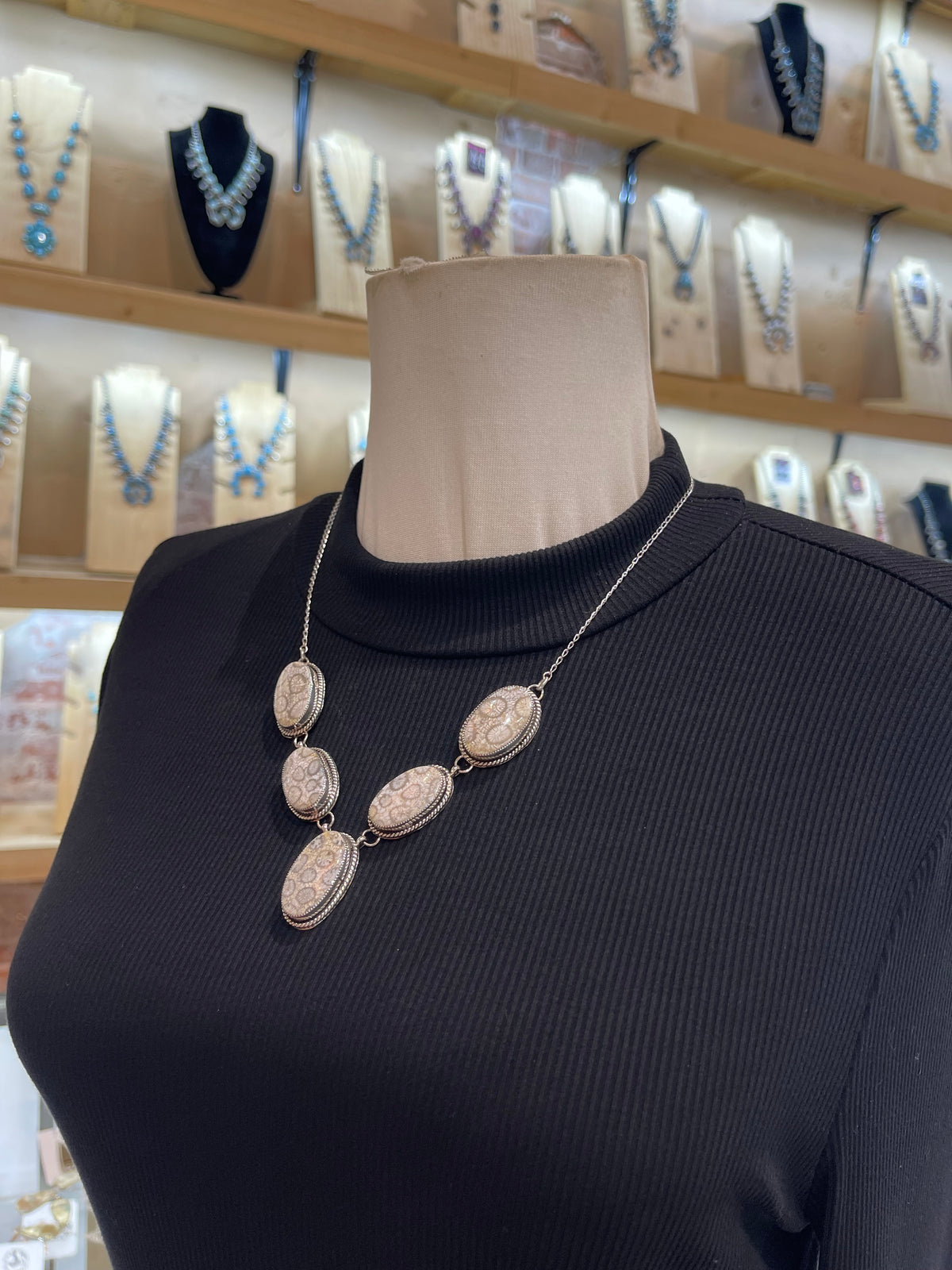 5 Stone Necklace & Earring Set Fossil Coral by Joe Begay, Navajo