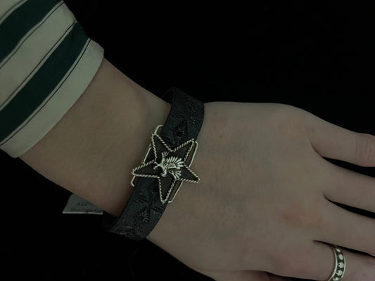 6 1/2"- 7 1/4" Silver Eagle Star Leather Bracelet by Gilbert Smith, Navajo
