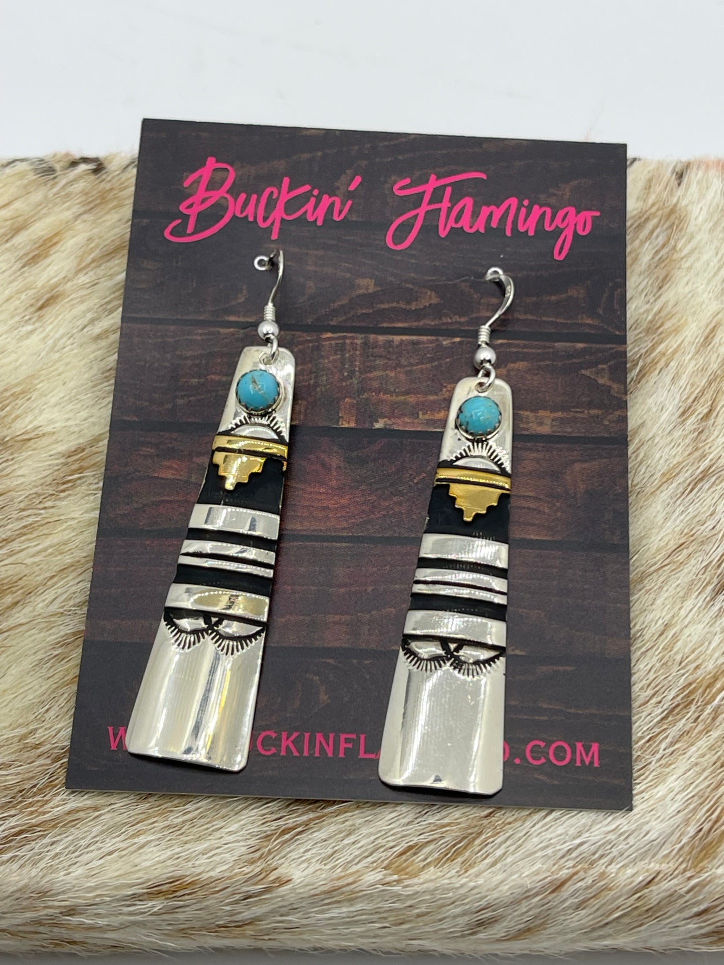 Silver and Brass Overlay Dangle Earrings with Turquoise by Tommy and Rose Singer, Navajo