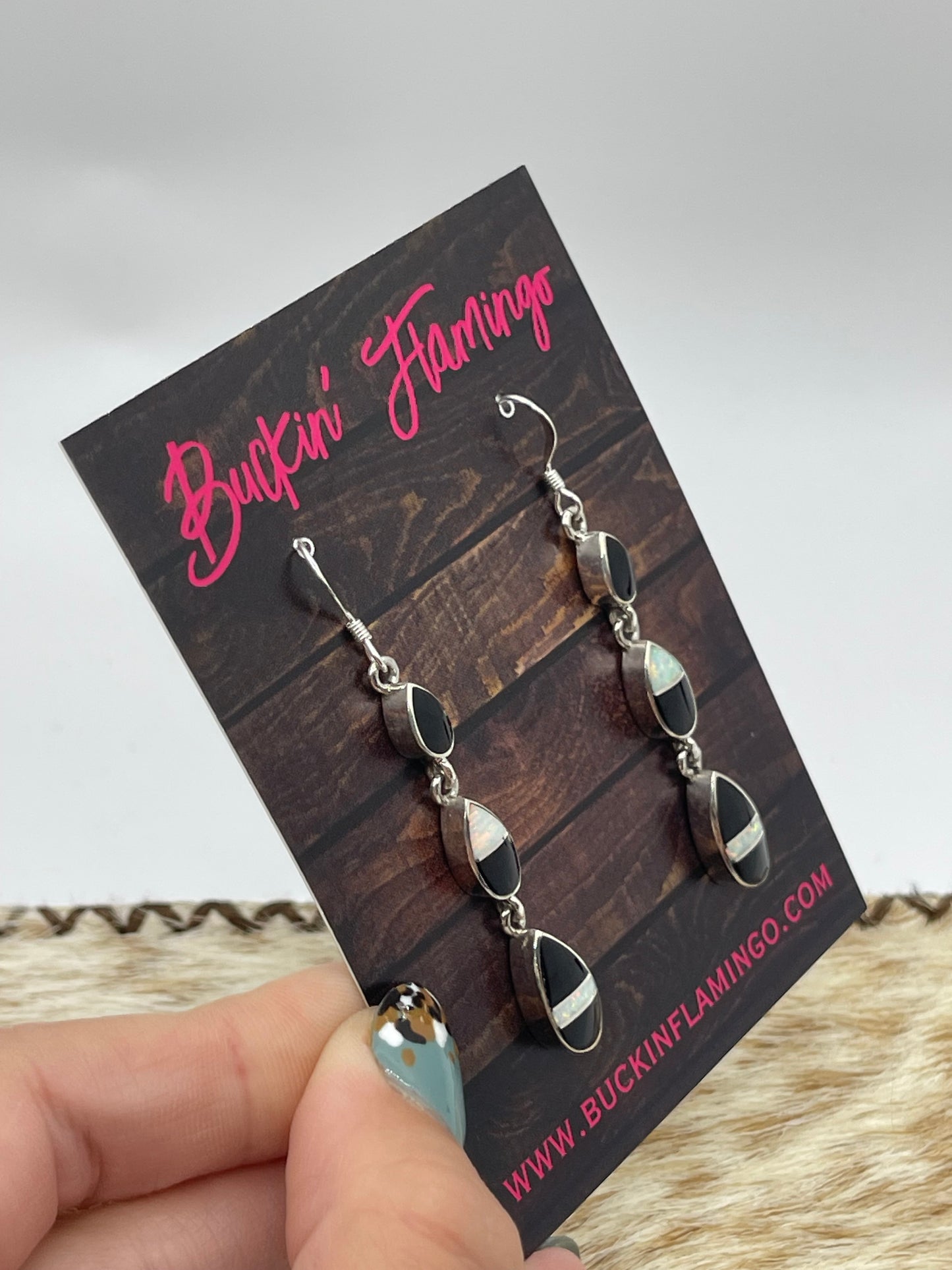White Opal and Black Onyx Dangle Earrings by James Manygoats, Navajo