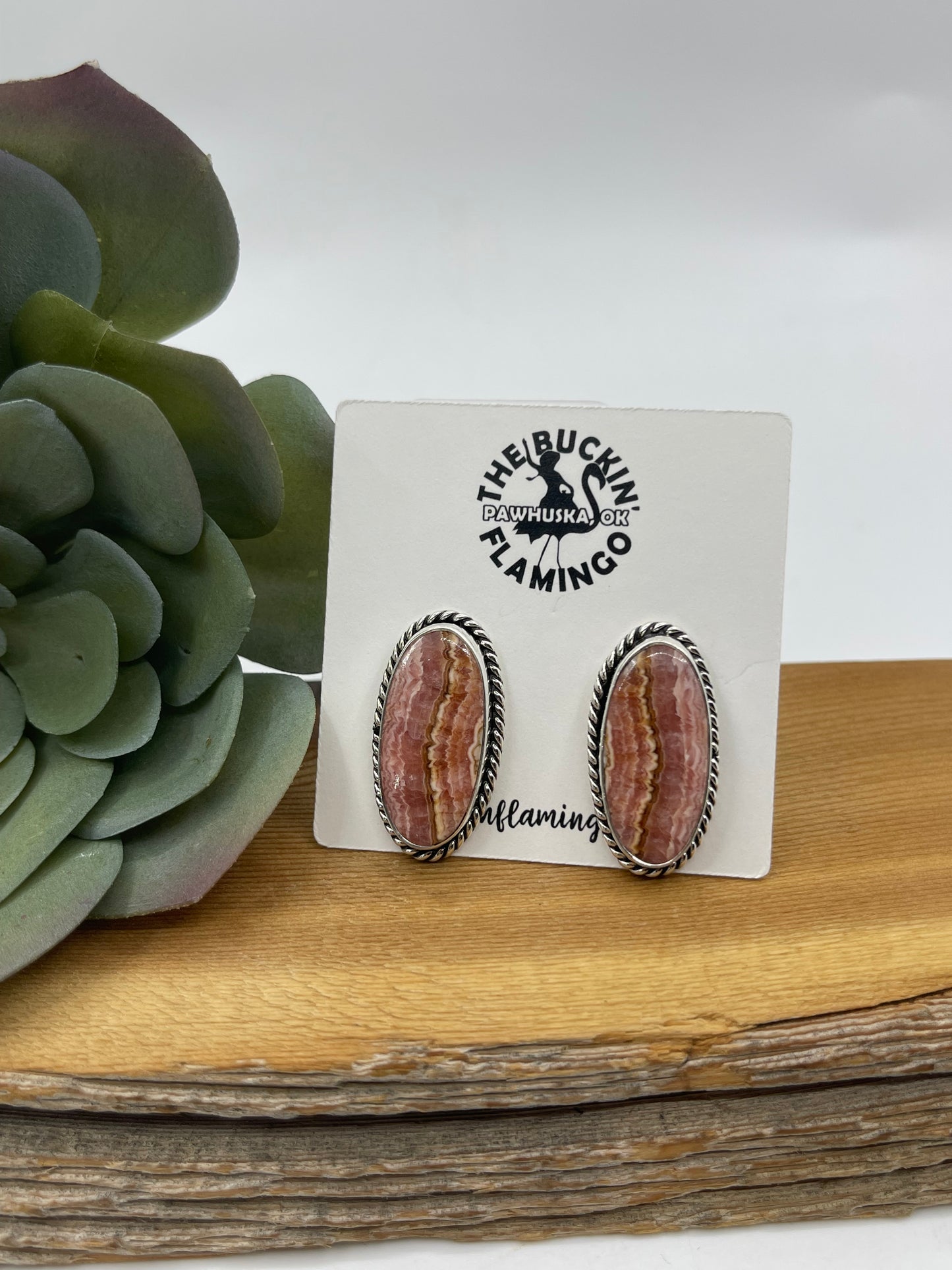 Oval Rhodochrosite Post Earrings by Duane Smith, Navajo
