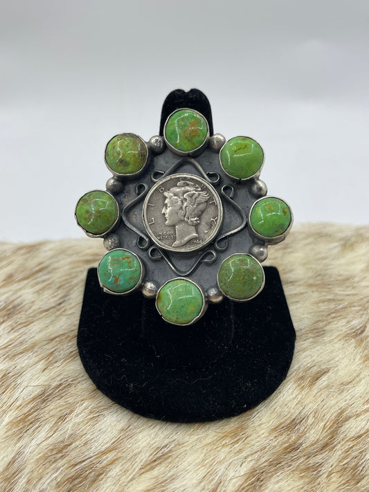 1944 Silver Dimes and Sonoran Gold Cluster by Phil Nez, Navajo, Size 8.0