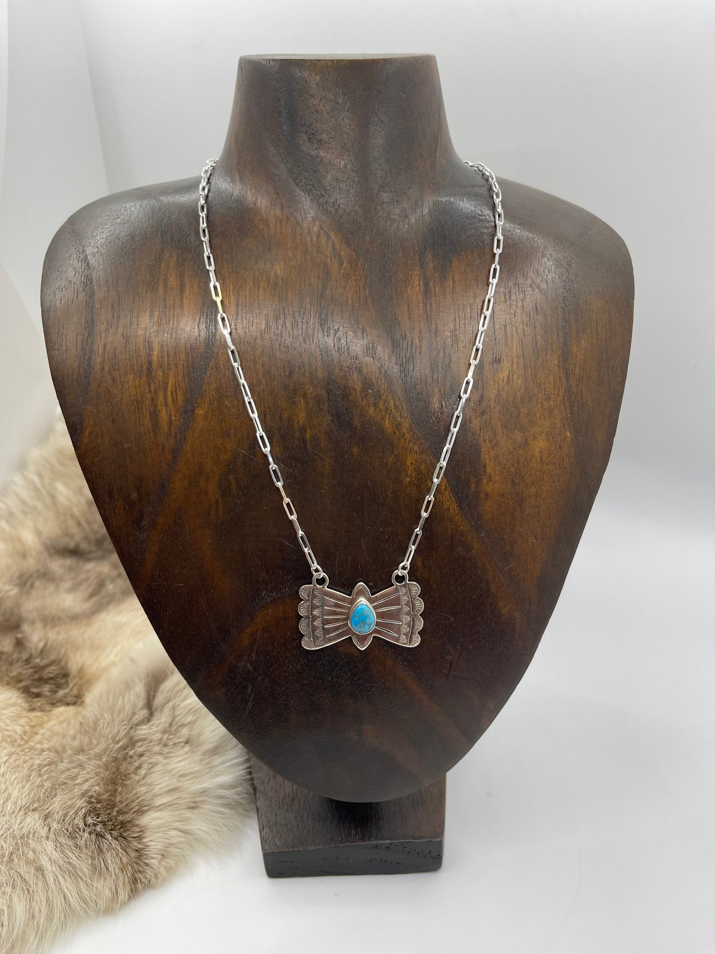 16" Stamped Silver Necklace with Turquoise