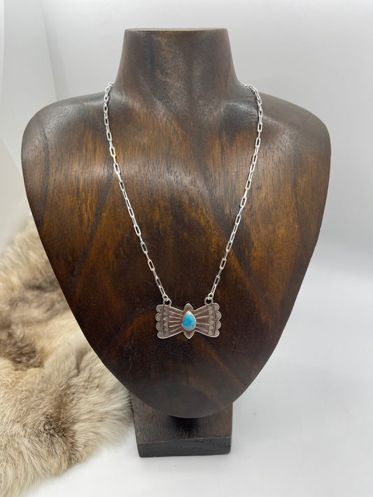 16" Stamped Silver Necklace with Turquoise