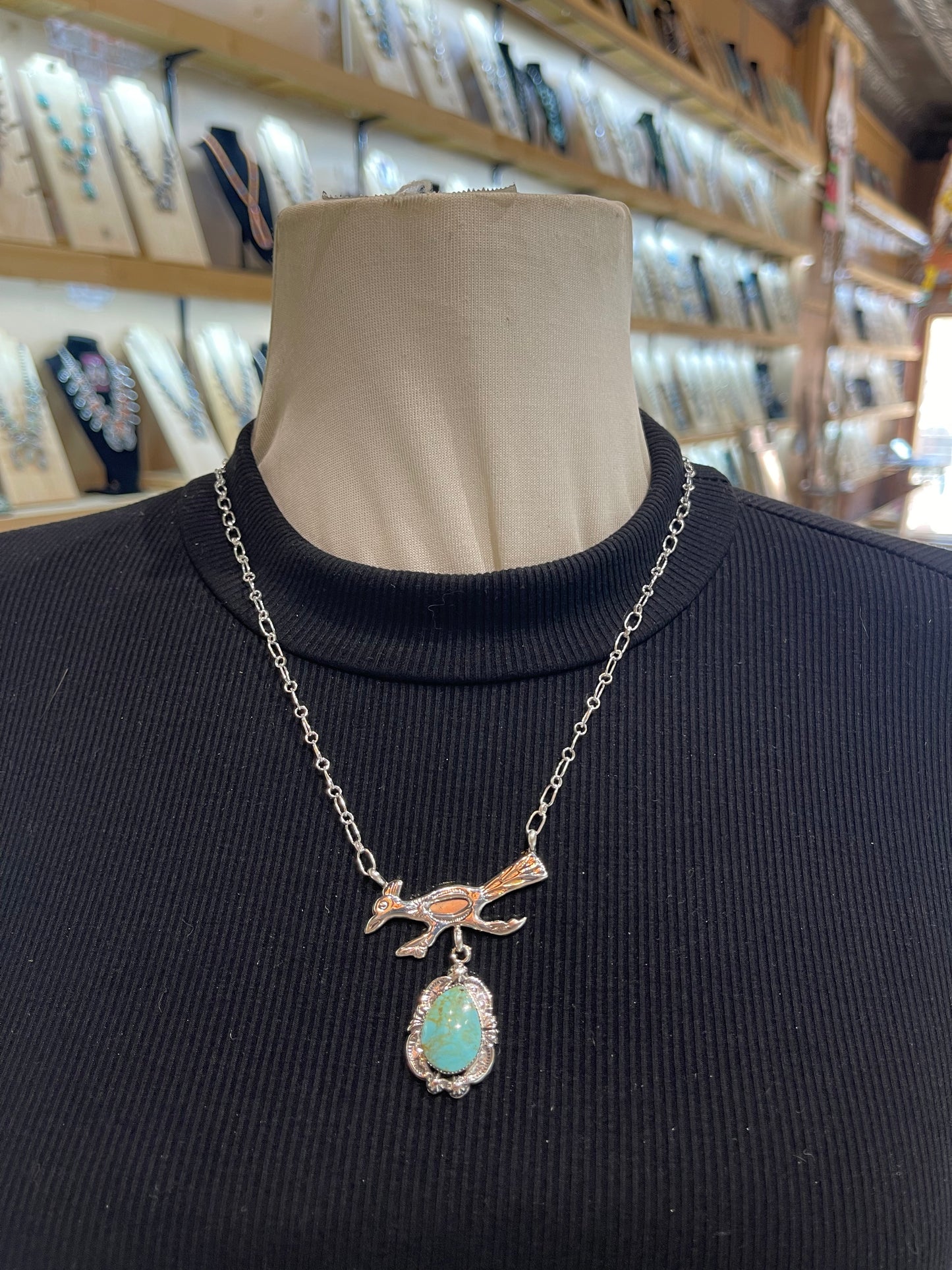 20" Roadrunner with Turquoise Necklace by Michael Yazzie, Navajo