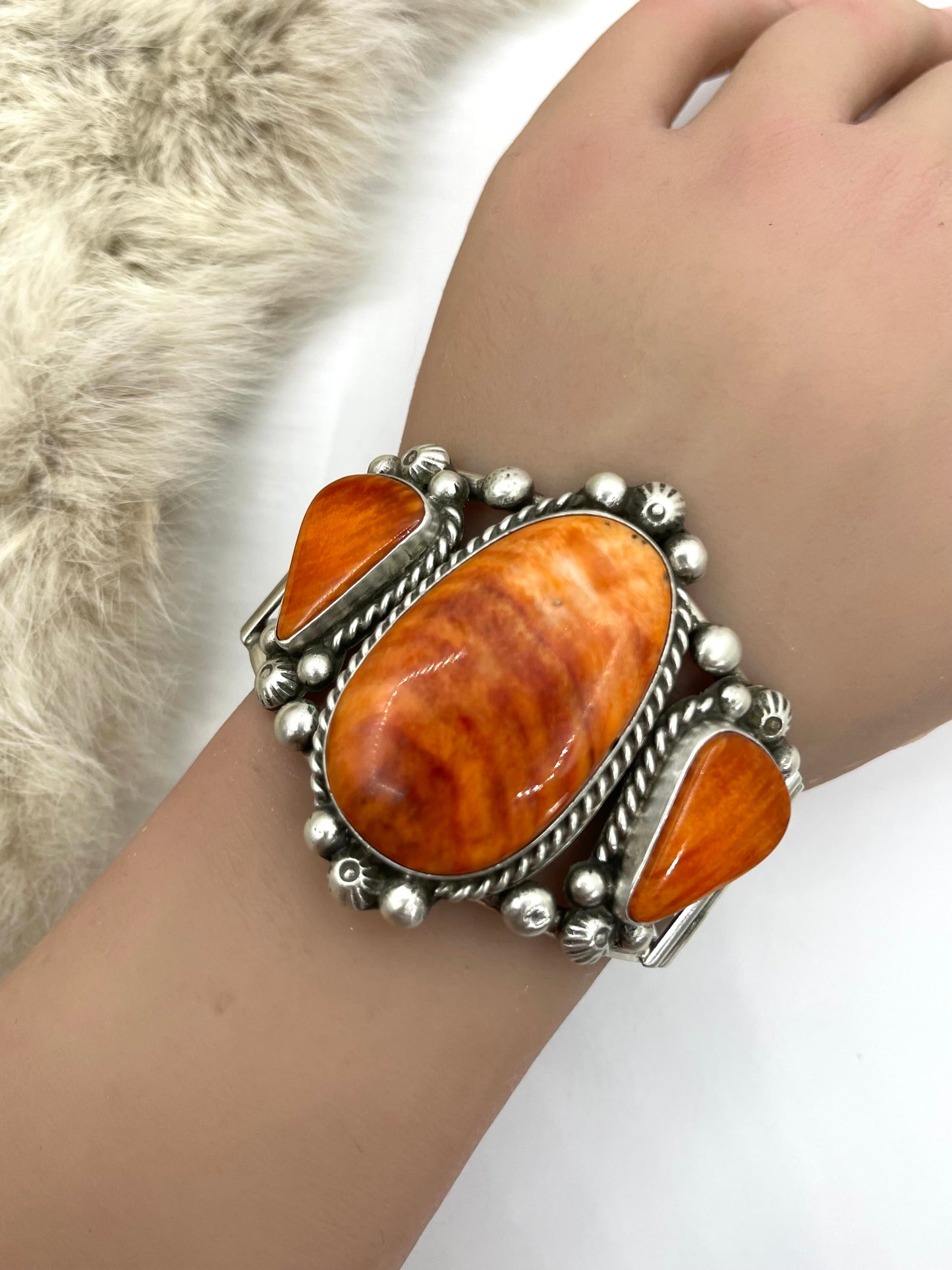 3 Stone Orange Spiny Oyster Cuff by Augustine Largo, Navajo