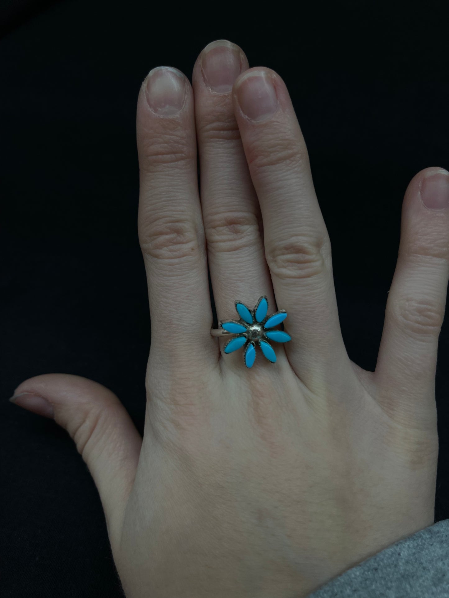 8.5 Sleeping Beauty Turquoise Flower Shaped Ring by Larry Delena, Zuni