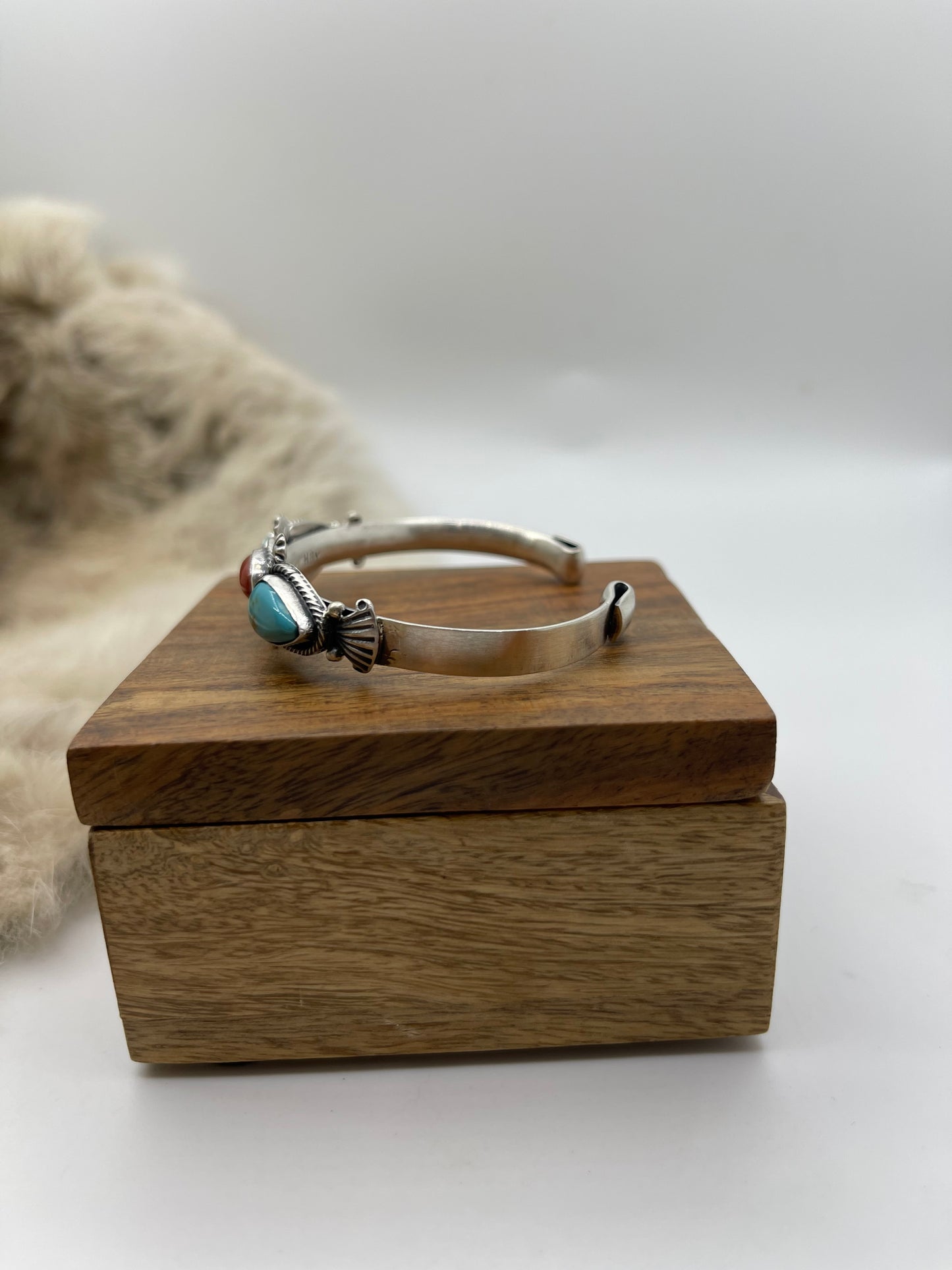 6”-6.5” Turquoise & Red Coral Cuff by Harry B. Yazzie, Navajo