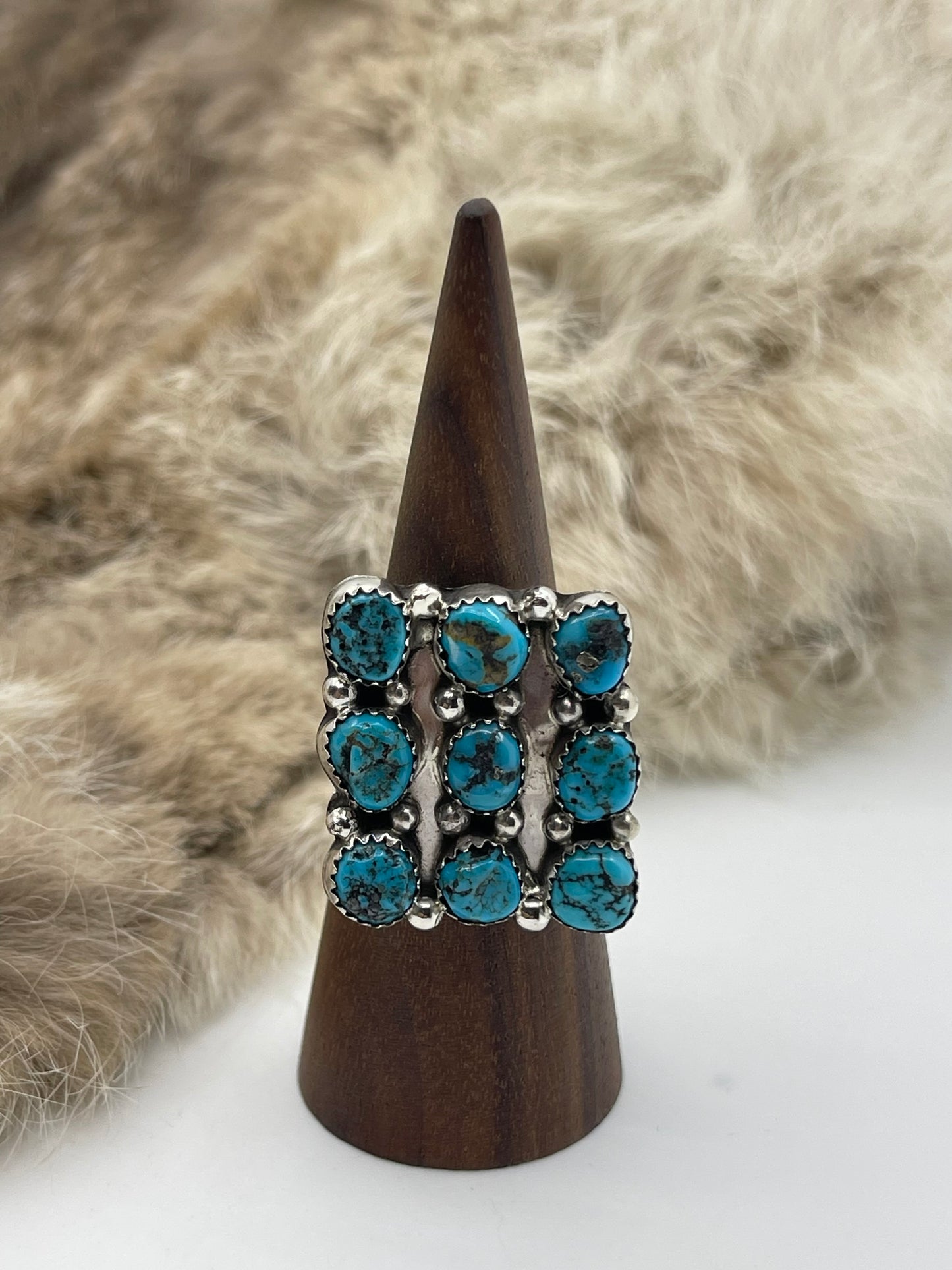 9.0 9 Stone Square Turquoise Ring by Herbert Begay, Navajo