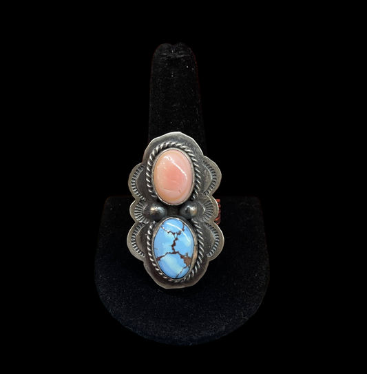 Pink Conch Shell & Golden Hills Turquoise by Boyd Ashley, Navajo