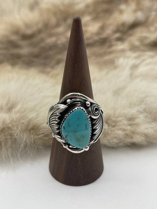 11.0 Turquoise Ring with Feather by Darrell Morgan, Navajo