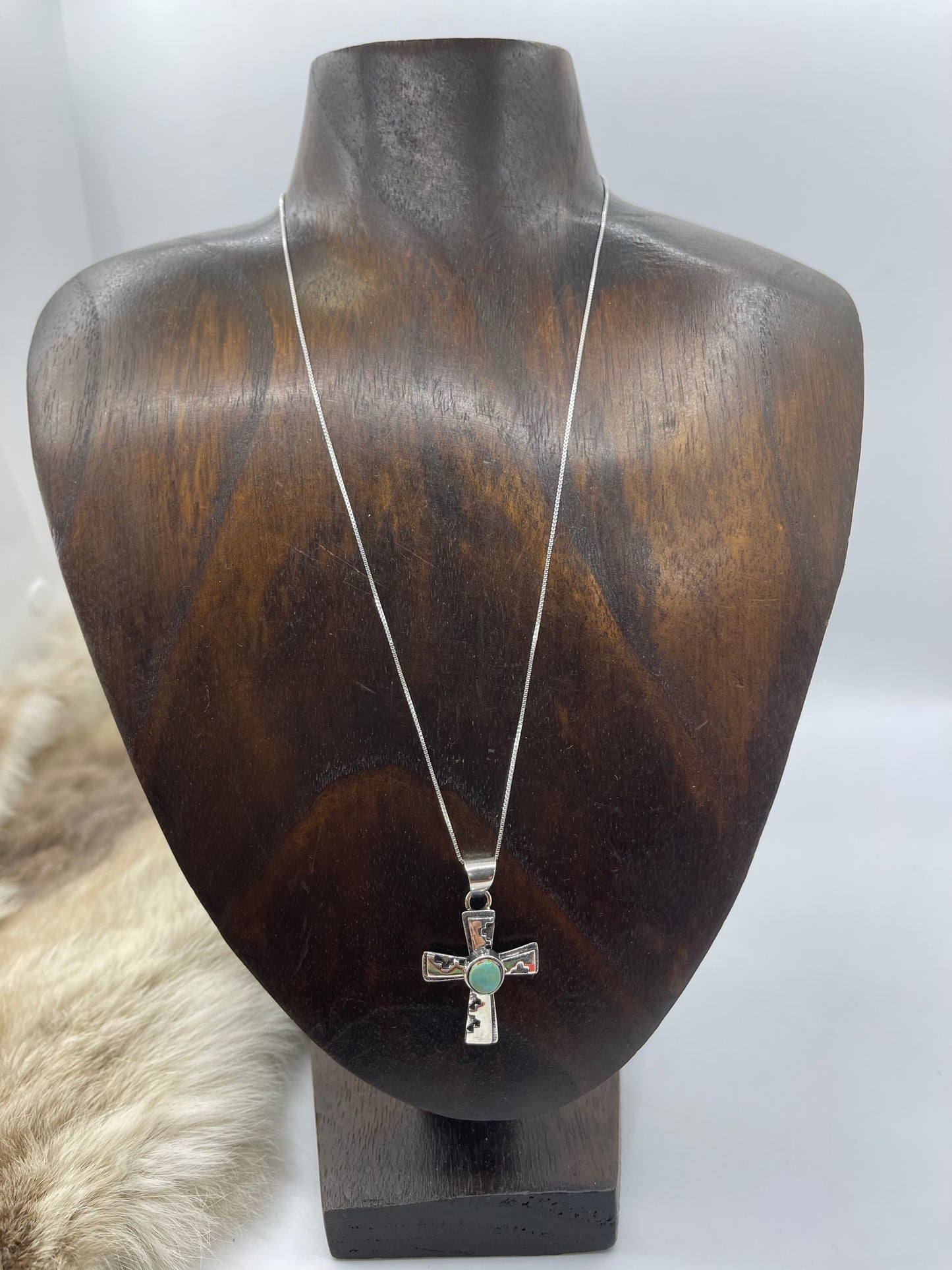 18" Silver Overlay Cross with Design & Turquoise, Navajo Made