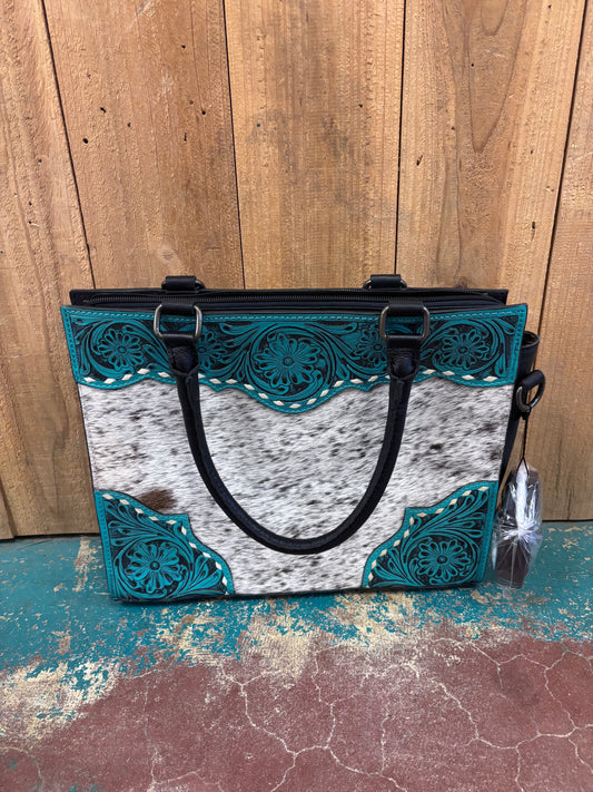 Black and White Cowhide Turquoise Tooled Leather Purse