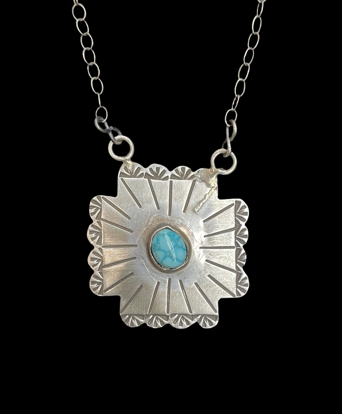 Stamped Concho with Kingman Turquoise Necklace by Rick Enriquez, Navajo