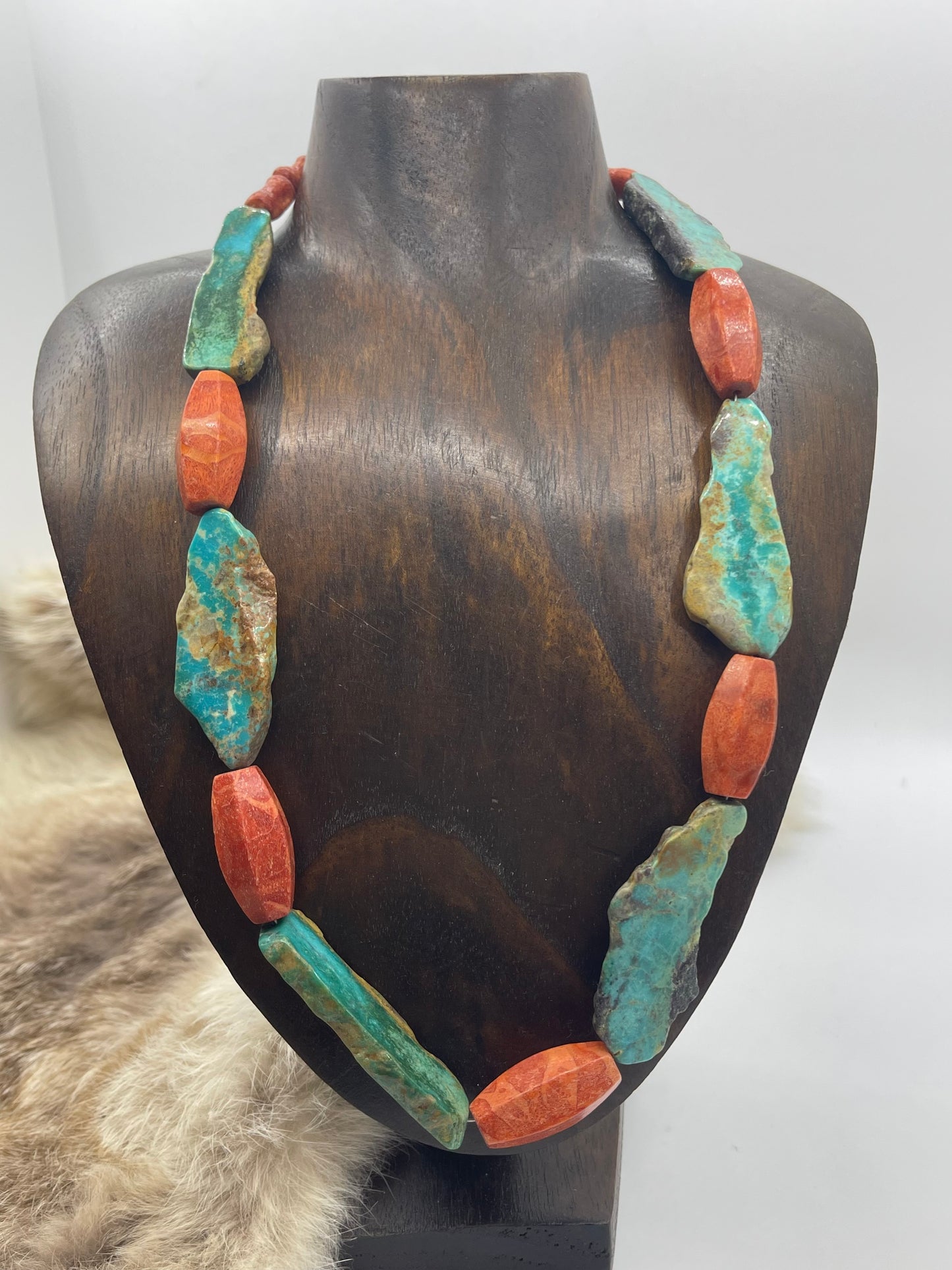 23" Royston Turquoise Natural Slab With Coral Beads by Jolene Bird, Santo Domingo