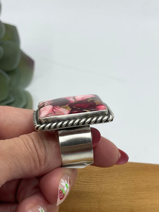 Adjustable 6.0-11.0 Dahlia Rose Square Ring by Augustine Largo, Navajo