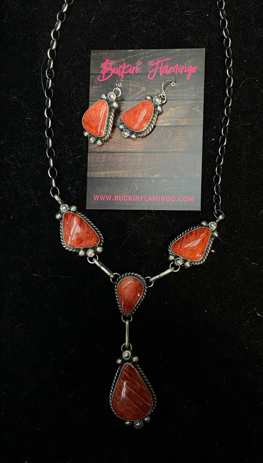 20"+3" Spiny Oyster Shell Lariat and Earrings 2 Piece Set by Augustine Largo, Navajo