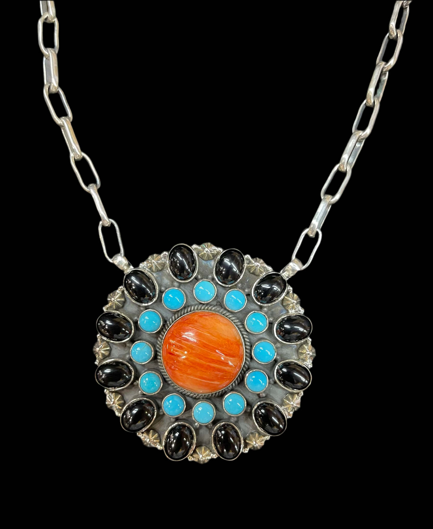 16" Sleeping Beauty Turquoise, Orange Spiny Oyster Shell, and Black Onyx Cluster Necklace