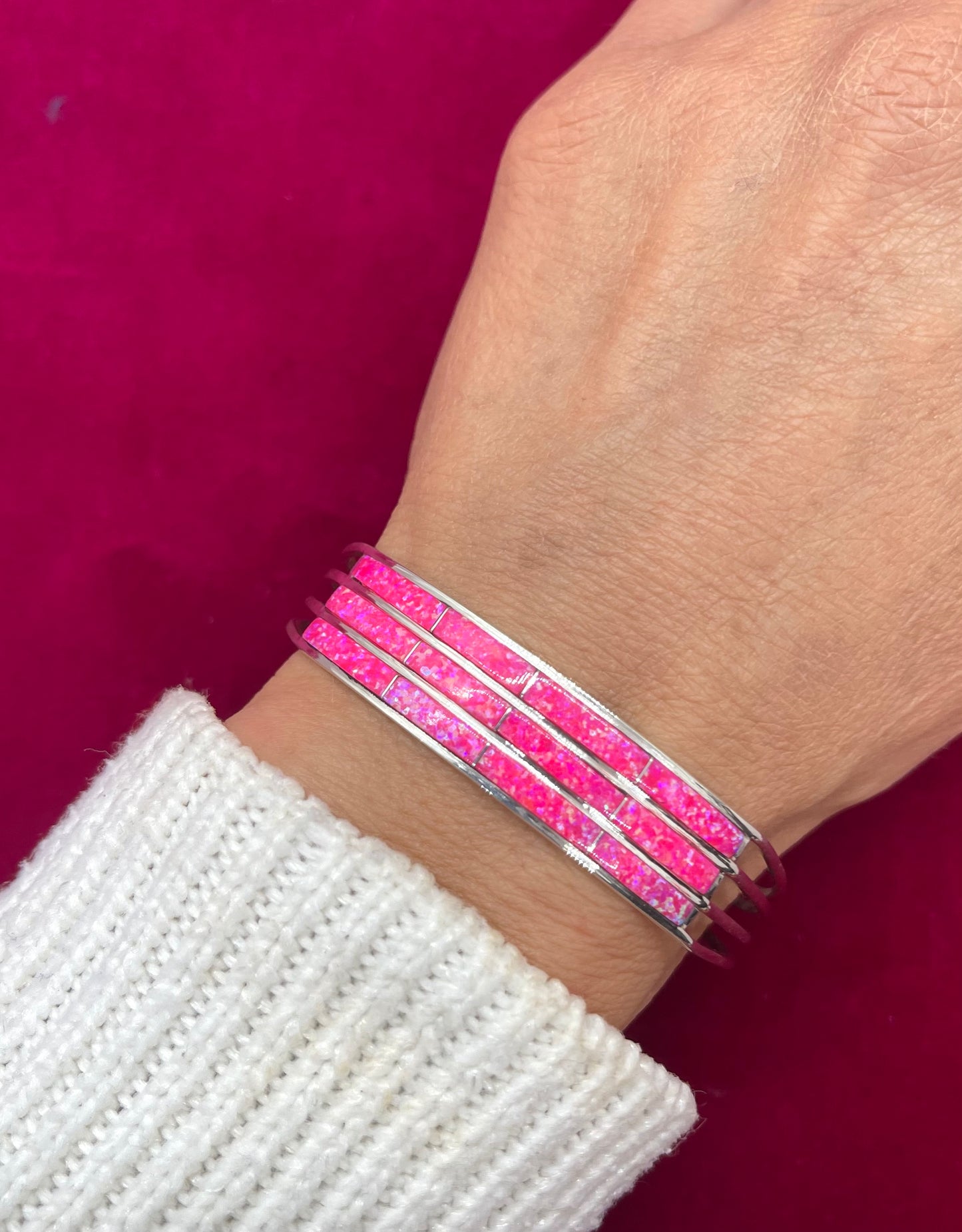 6 1/4" Pink Opal 3 Row Inlay Cuff by Jamie Johnson, Navajo