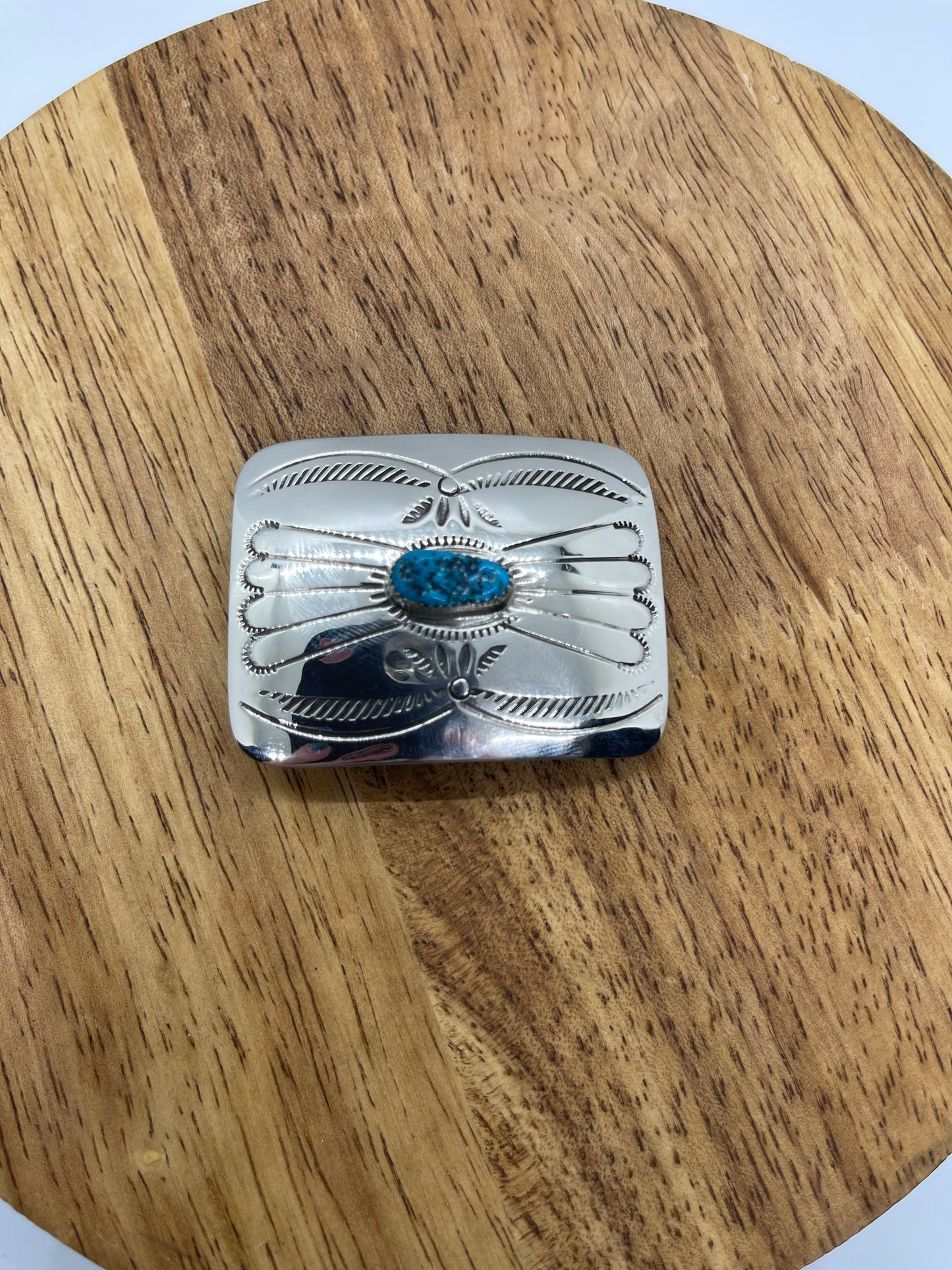 2"x1 1/2" Turquoise Stamped Small Belt Buckle by Jolene Begay, Navajo