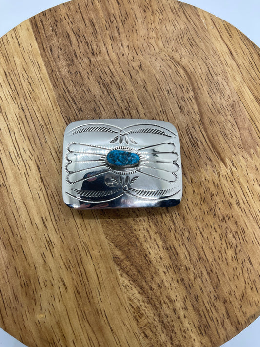 2"x1 1/2" Turquoise Stamped Small Belt Buckle by Jolene Begay, Navajo