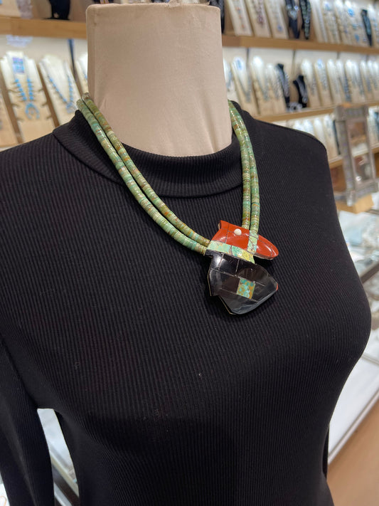 20" Pipestem & Onyx Horse Necklace By Jolene Bird, Santo Domingo