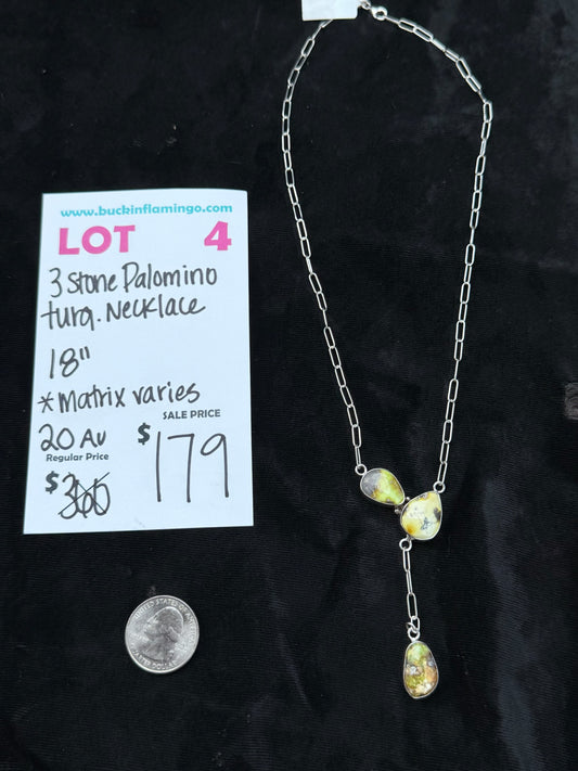 LOT 4 8/9 3 Stone Palomino Turquoise Necklace 18"