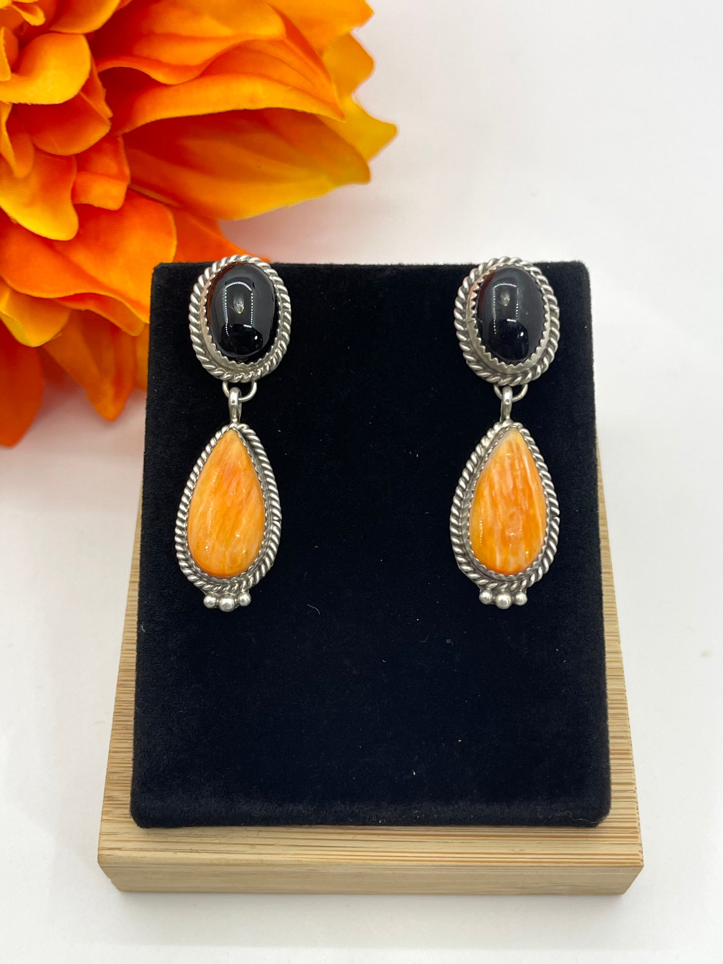 Black Onyx & Orange Spiny Oyster Double Dangles