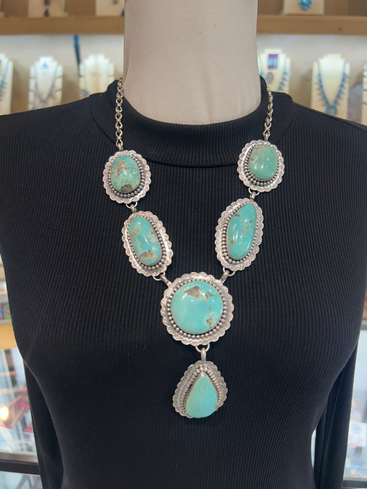 22"+4" Drop 6 Stone Turquoise Lariat Necklace Stamped “L” by Artist