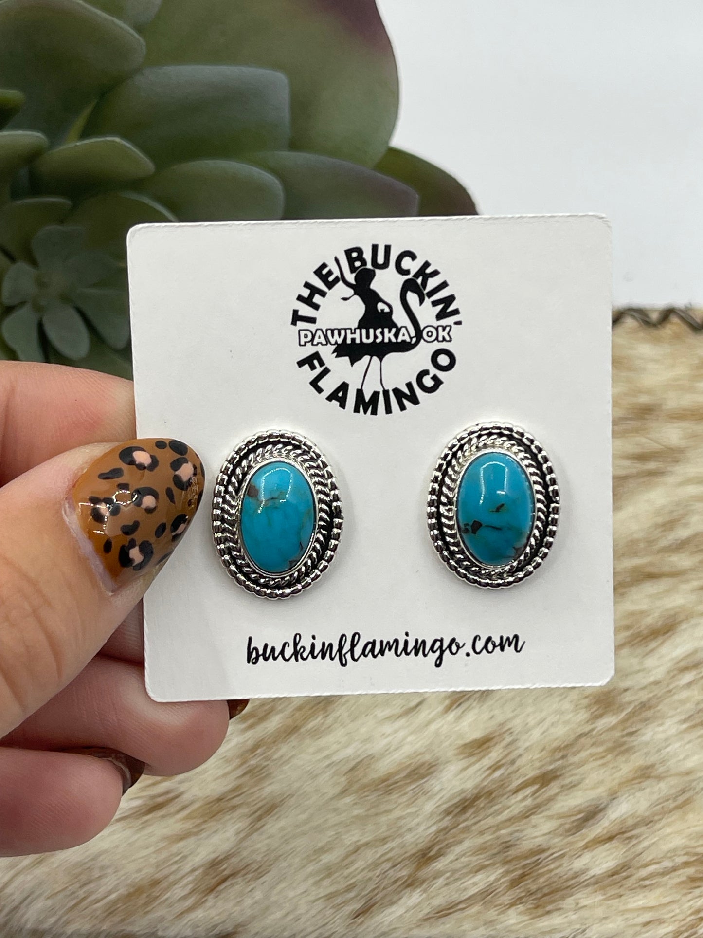 Kingman Turquoise Oval Post Earrings by Rita Largo, Navajo