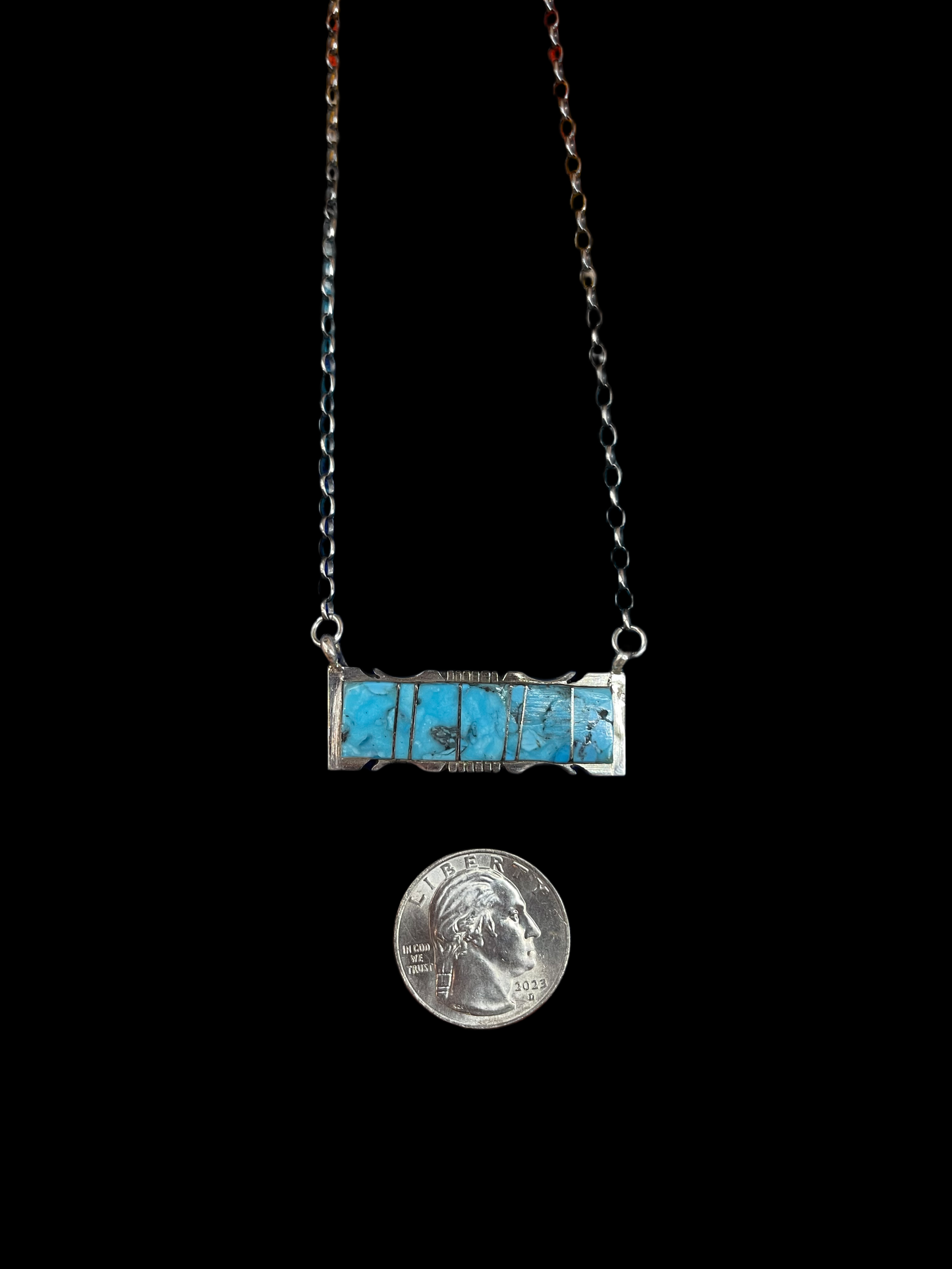 17" Kingman Turquoise Inlay Bar Necklace by Steve Francisco, Navajo