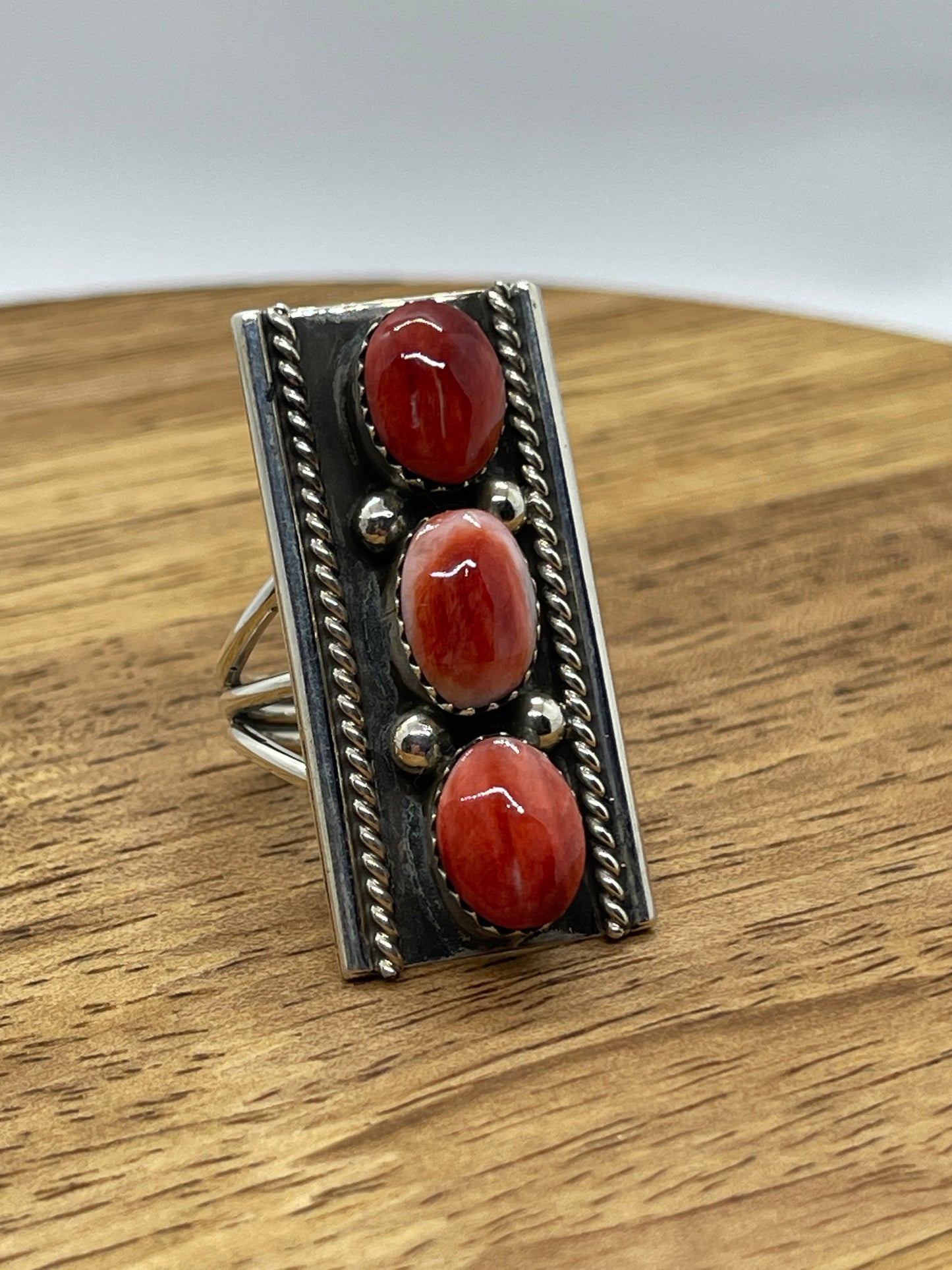 8.0 3 Stone Spiny Oyster Ring by Dorothy Lee, Navajo