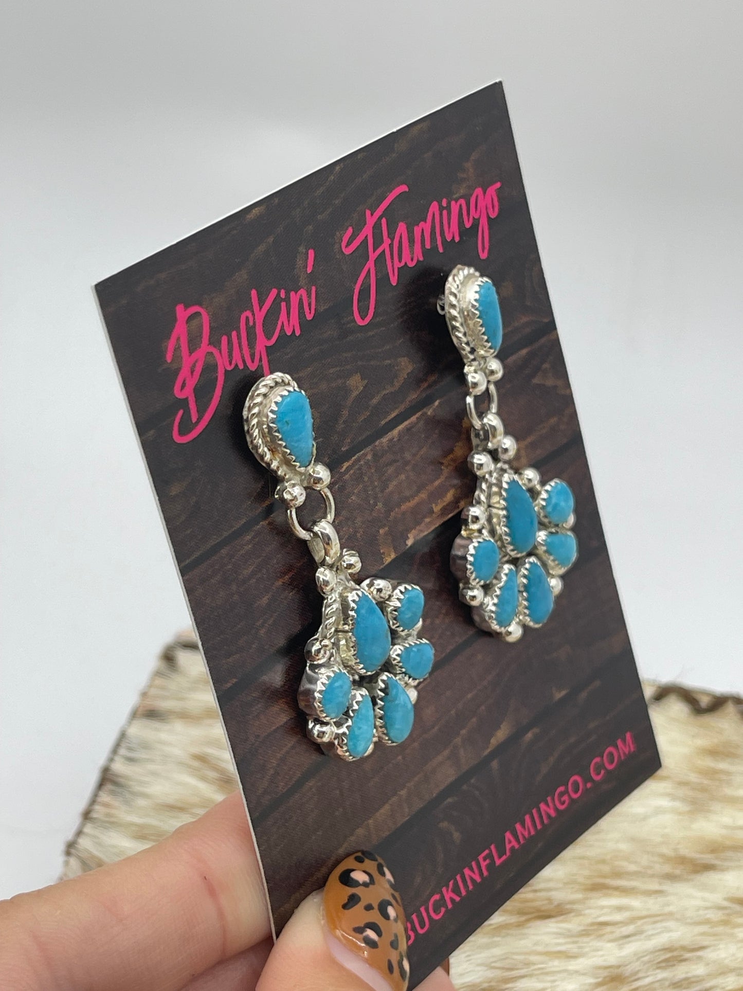 Blue Kingman Turquoise Post Dangle Cluster Earrings by Alicia Wilson, Navajo