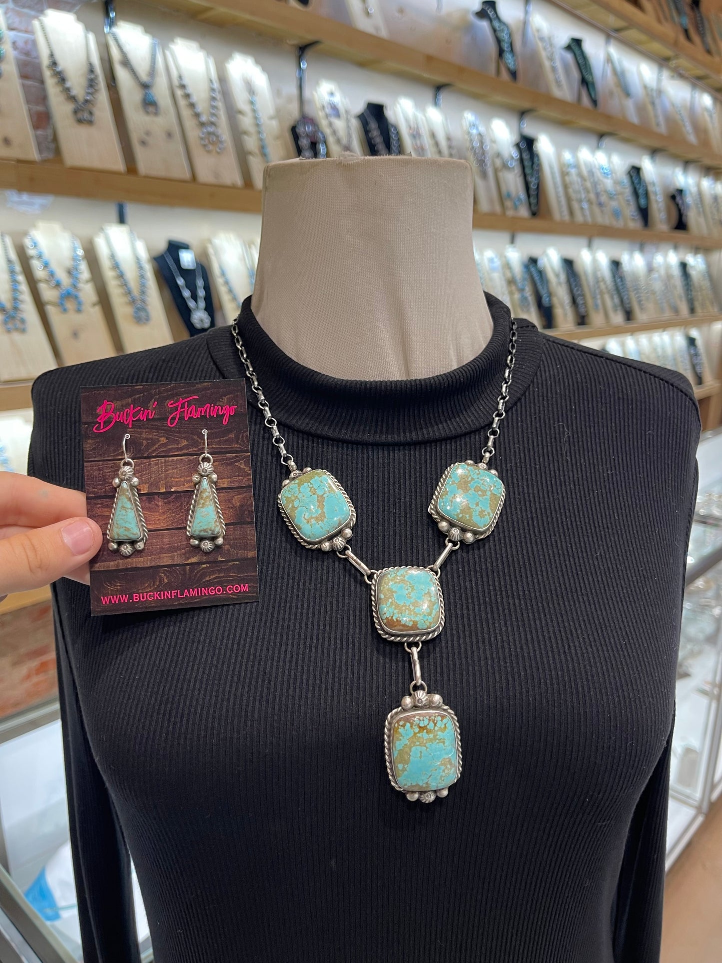 20”+3” #8 Turquoise Square Lariat Necklace Drop & Earring Set by Augustine Largo, Navajo