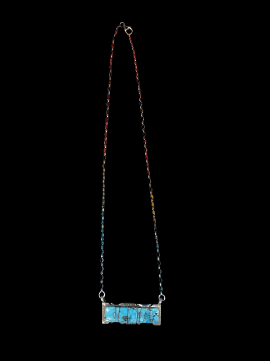 17" Kingman Turquoise Inlay Bar Necklace by Steve Francisco, Navajo