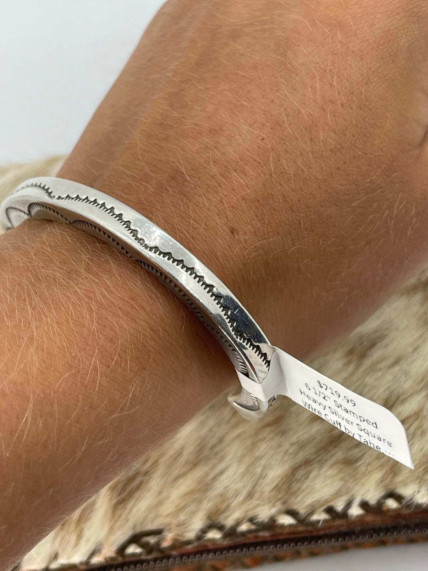 6 1/2" Stamped Heavy Silver Square Wire Cuff by Tahe, Navajo