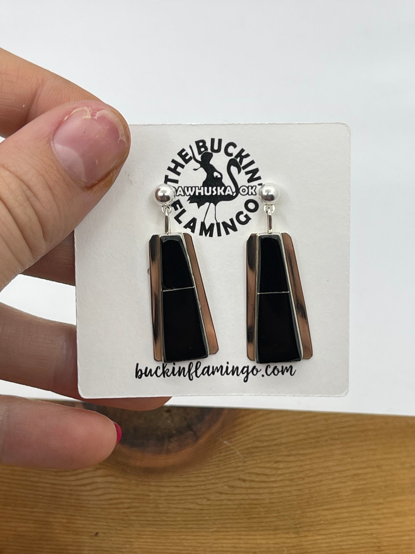 Black Onyx Inlay Post Dangle Earrings by Brenda Pete, Navajo
