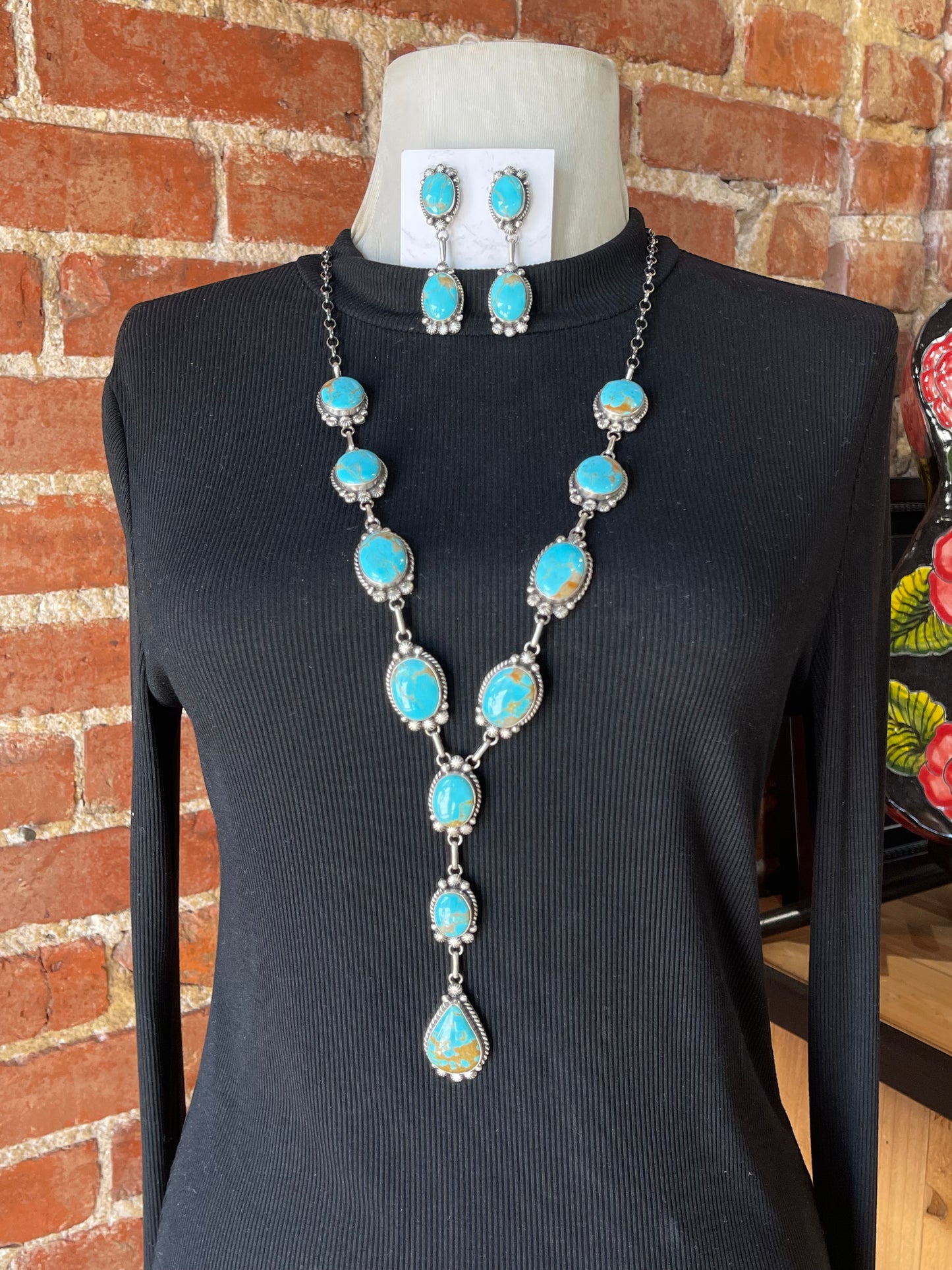 Kingman Turquoise Lariat and Earrings by Elouise Kee, Navajo 30" + 4.5" Drop