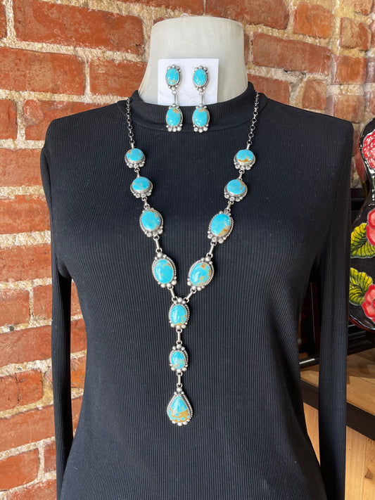 LOT 7 11/23 Kingman Turquoise Lariat and Earrings by Elouise Kee, Navajo  30" + 4.5" Drop