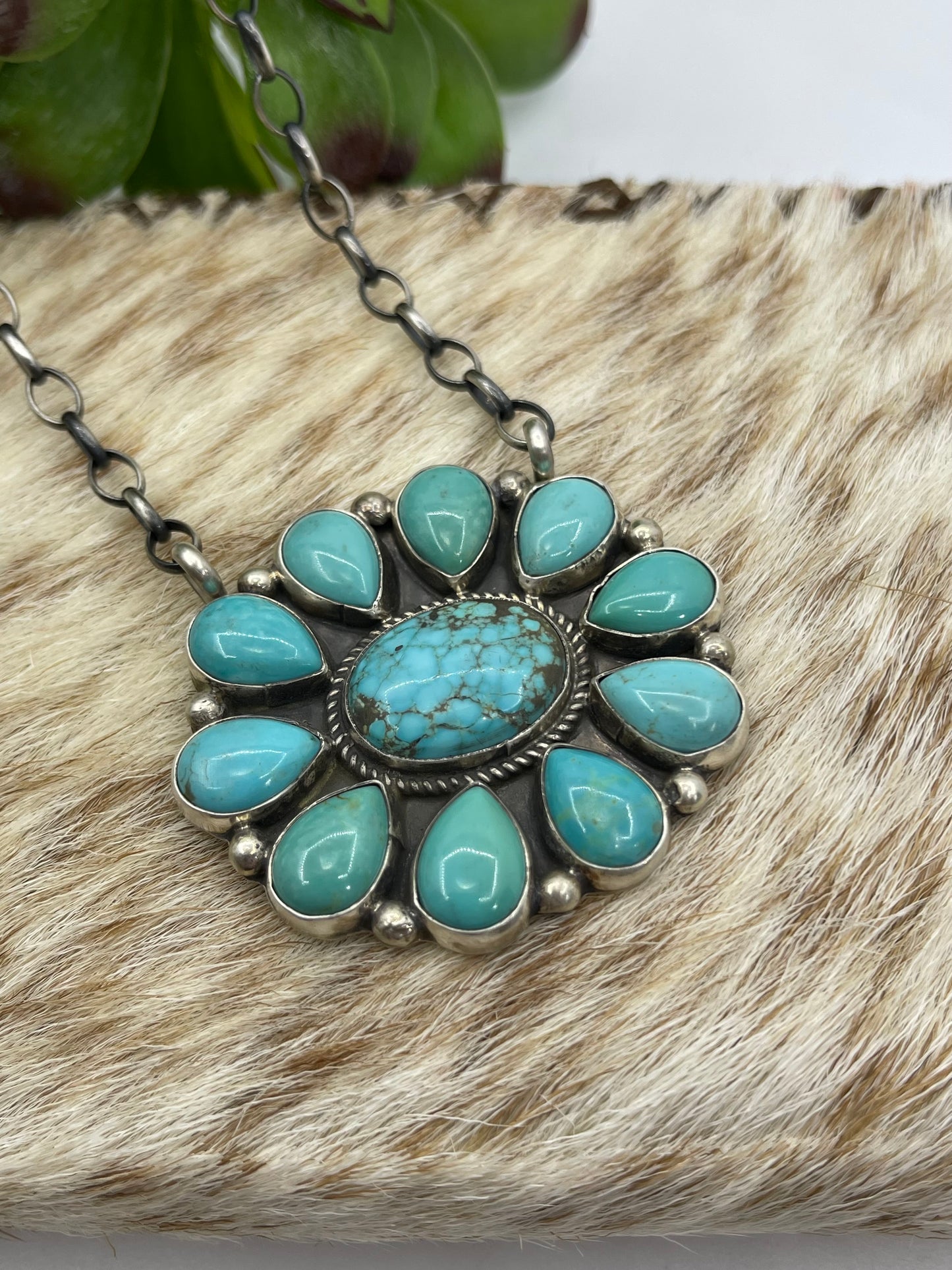 18" Kingman Turquoise Cluster Necklace by Geraldine James, Navajo