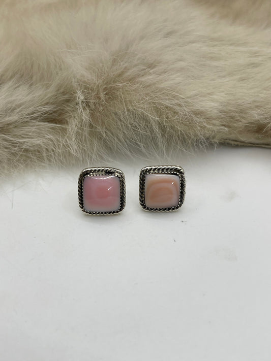 Square Pink Conch Shell Earrings by David Lopez, Navajo