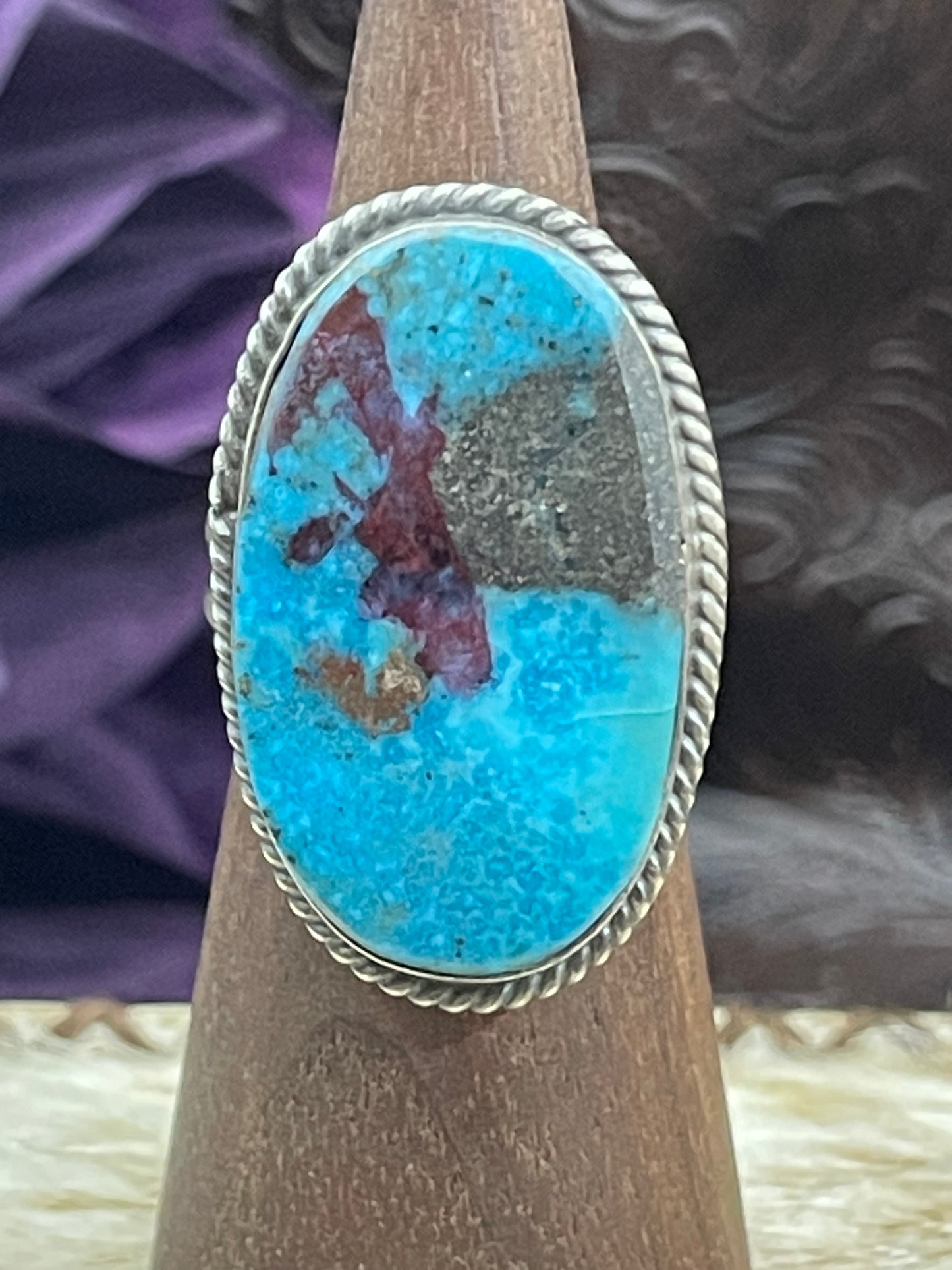 8.0 Oval Persian Turquoise Ring By Gilbert Nez, Navajo