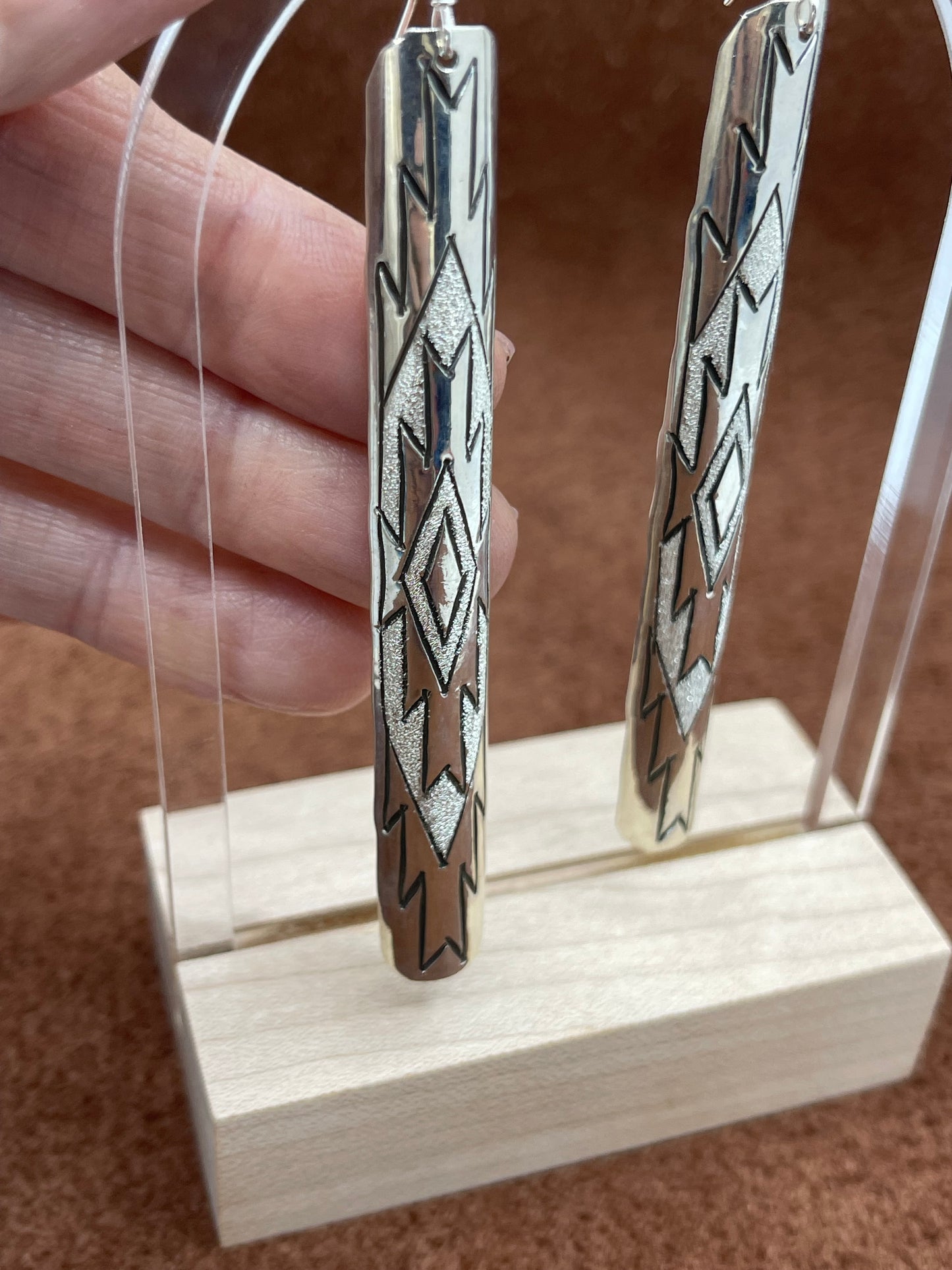3 1/2" Stamped Silver Long Dangle Earrings by Leny Silversmith, Navajo