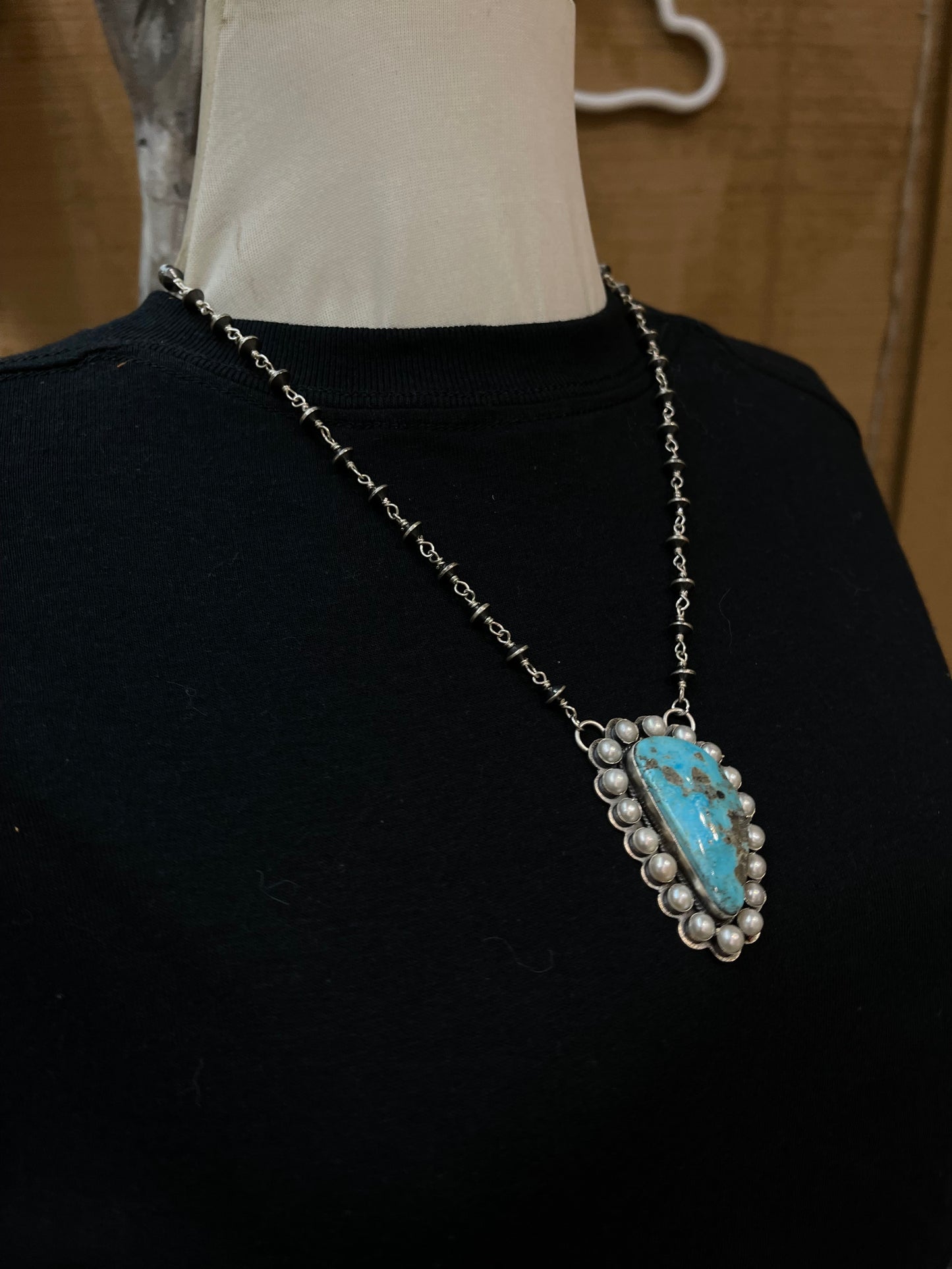 20" Turquoise and Freshwater Pearls Necklace with Navajo Saucer Pearls by Kevin Begay, Navajo