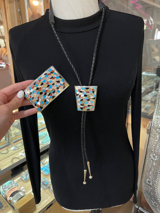 Multi Stone Fish Scale Inlay Belt Buckle & Bolo Tie Set by Orena Leekya, Zuni